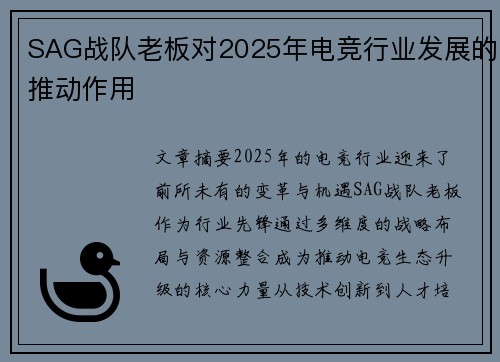 SAG战队老板对2025年电竞行业发展的推动作用